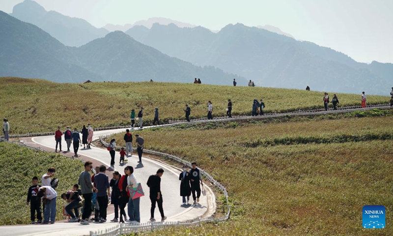 Tourists visit Yukou Village of Lantian County, northwest China's Shaanxi Province, Oct. 16, 2022. In recent years, Shaanxi has made great efforts in ecological restoration and protection of Qinling Mountains, with the population of protected animals like crested ibises growing and ecotourism as well as other green industries booming.(Photo: Xinhua)