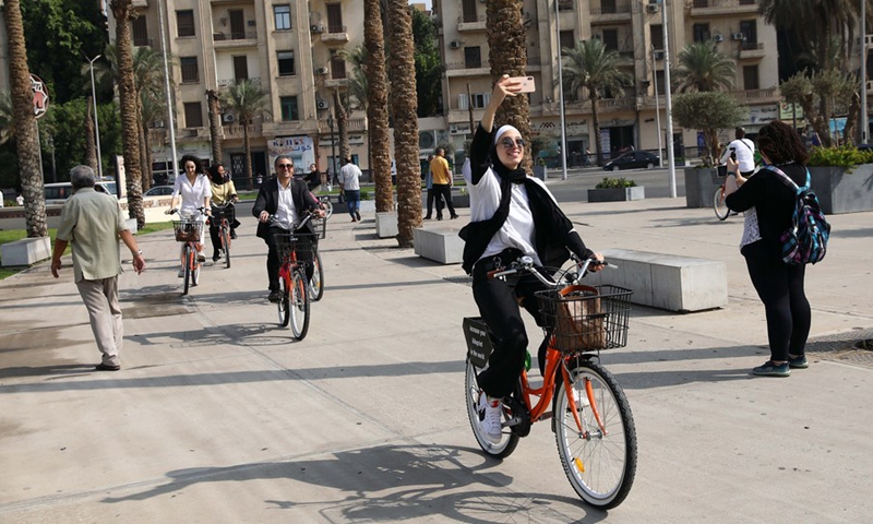 People ride bikes after the inauguration of the first bike-sharing project in the Egyptian capital Cairo on Oct. 20, 2022.(Photo: Xinhua)