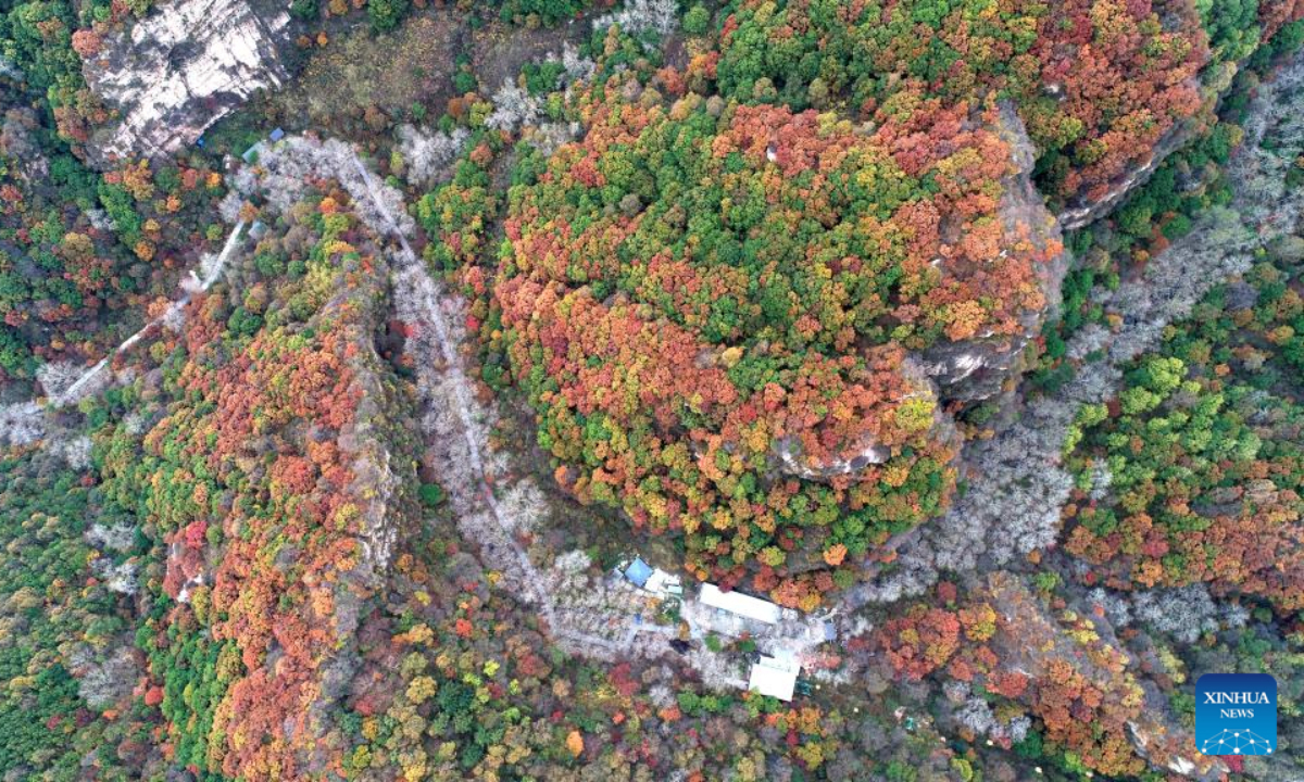 This aerial photo taken on Oct 5, 2022 shows the autumn scenery at the Tuoliang scenic area in Pingshan County of Shijiazhuang, north China's Hebei Province. Photo:Xinhua