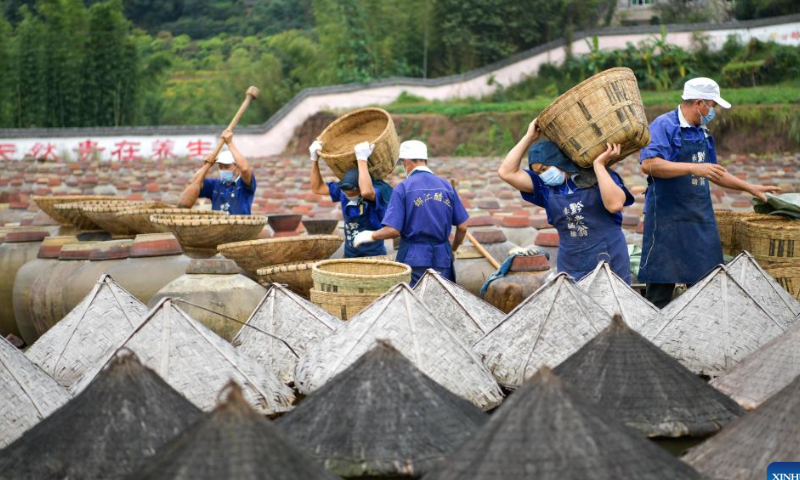 Workers move raw materials at the sunning field of a vinegar factory in Chishui, southwest China's Guizhou Province, Oct. 28, 2022. Photo: Xinhua