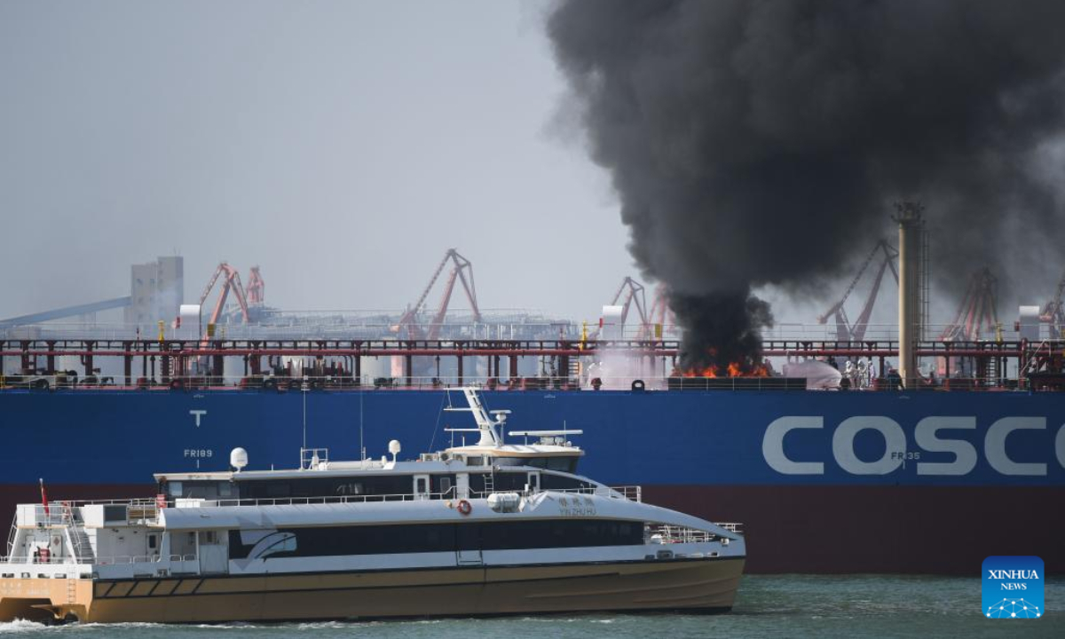 Fire is seen after a simulated collision between an oil tanker and a passenger ship during a maritime search and rescue drill in the Pearl River estuary, south China's Guangdong Province, on Oct 27, 2022. Photo:Xinhua