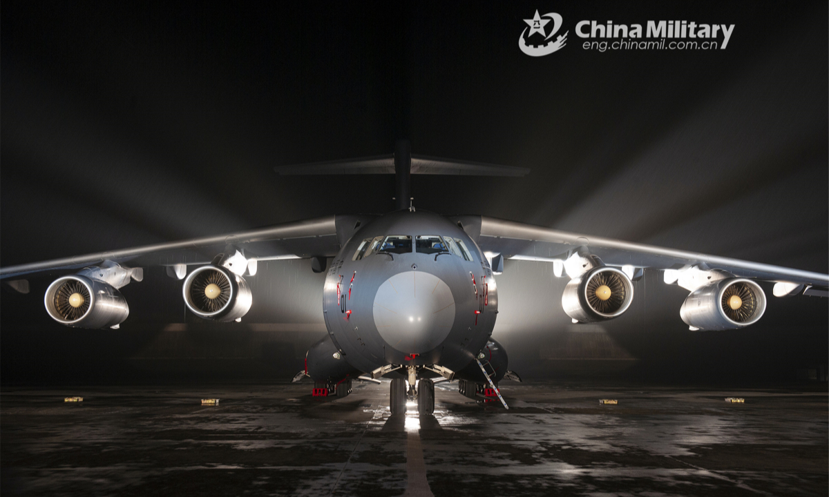 A KJ-500 Airborne Early Warning (AEW) aircraft attached to the PLA Air Force sits on the tarmac at night. Photo:China Military