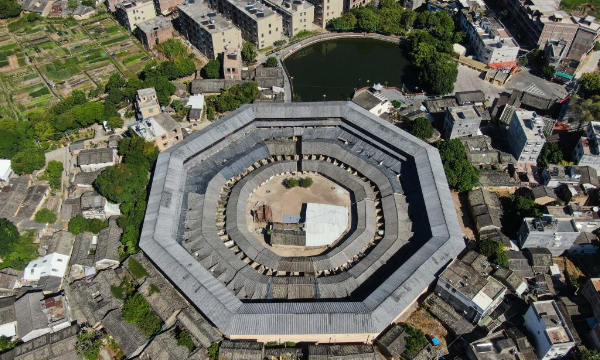 This aerial photo taken on Oct 21, 2022 shows Daoyun Lou, an octagonal Tulou earthen building compound in Raoping County of Chaozhou, south China's Guangdong Province. Photo:Xinhua