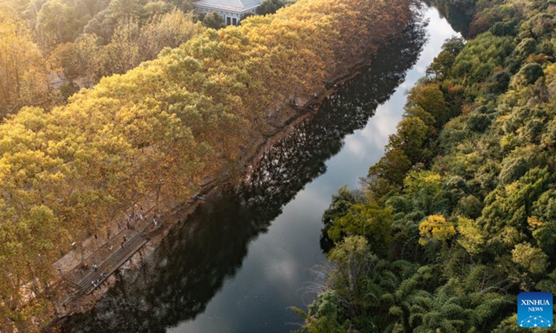 This aerial photo taken on Oct. 25, 2022 shows the autumn scenery of Huaxi national city wetland park in Guiyang, capital of southwest China's Guizhou Province.(Photo: Xinhua)