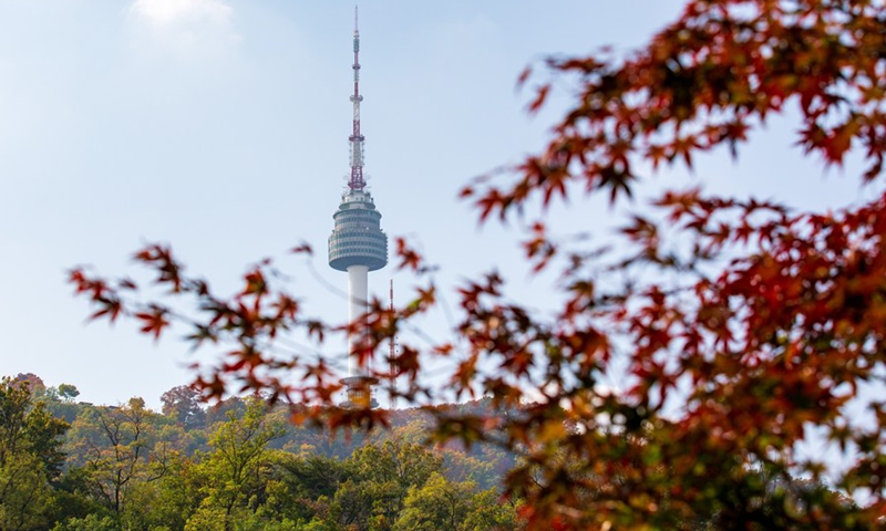 Photo taken on Oct. 23, 2022 shows the Namsan Seoul Tower amid autumn trees at Namsan Park in Seoul, South Korea.(Photo: Xinhua)