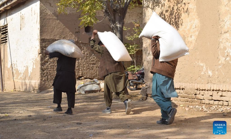 Afghan farmers receive improved seed and fertilizer in Jawzjan province, Afghanistan, Oct. 26, 2022. Afghan provincial administration distributed improved seed and fertilizer to nearly 16,000 farmers in Afghanistan's northern Jawzjan province on Wednesday, provincial head for Agriculture, Irrigation and Livestock Qari Abadullah Ansar said.(Photo: Xinhua)