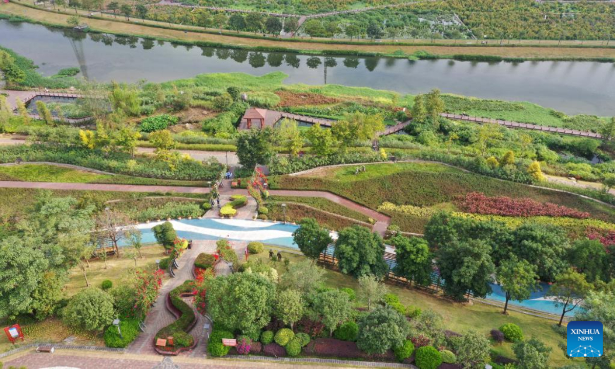 This aerial photo taken on Nov 10, 2022 shows the view of Nakao River wetland park in Nanning, south China's Guangxi Zhuang Autonomous Region. Photo:Xinhua