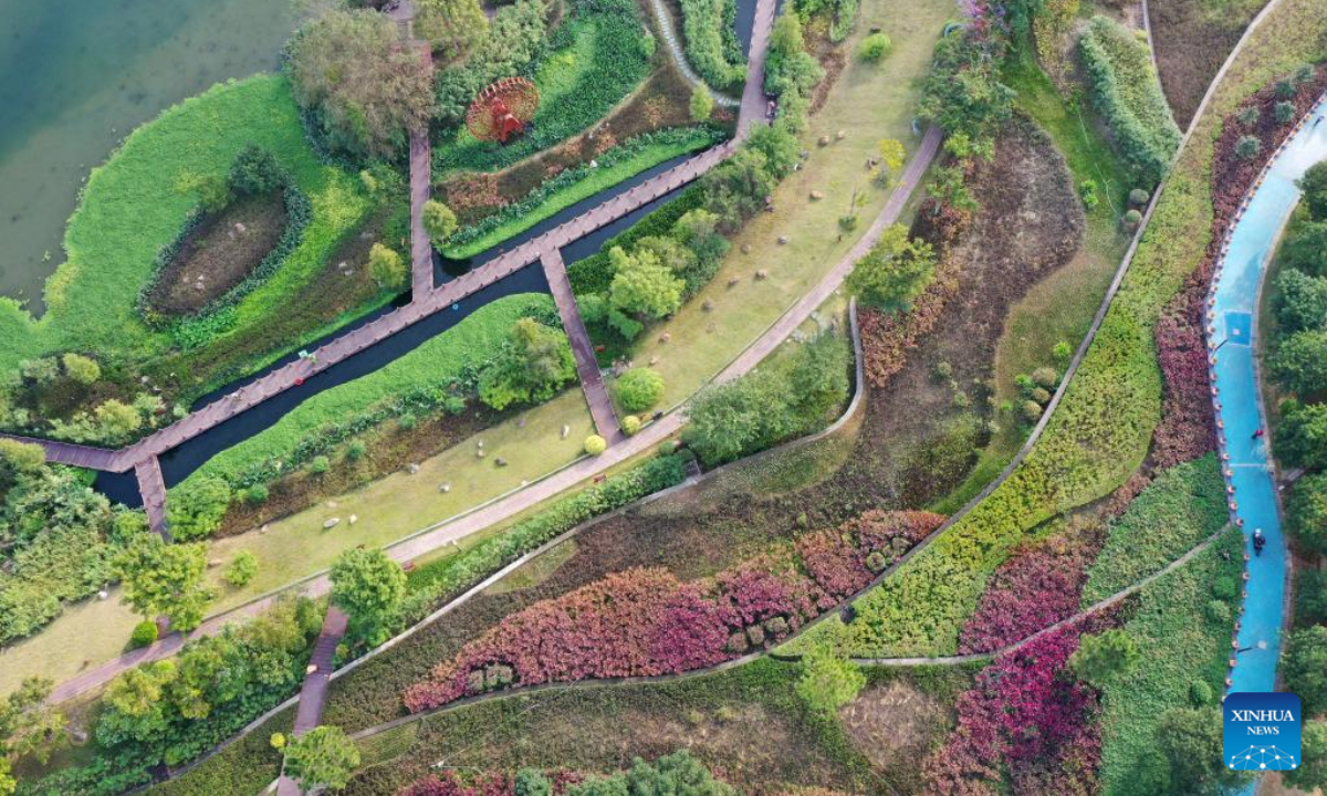 This aerial photo taken on Nov 10, 2022 shows the view of Nakao River wetland park in Nanning, south China's Guangxi Zhuang Autonomous Region. Photo:Xinhua