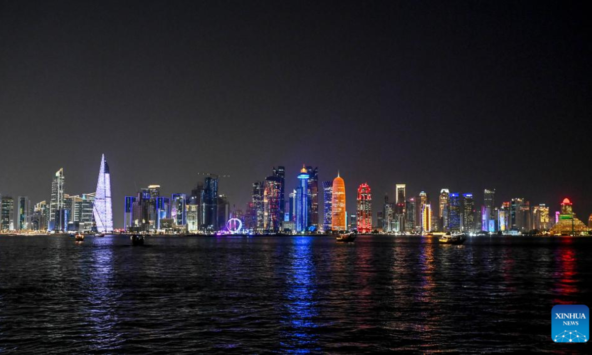Photo taken on Nov 10, 2022 shows a night view of the Doha Corniche in Doha, Qatar. Photo:Xinhua