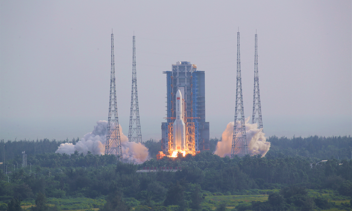 China launches Mengtian lab module via a Long March-5B rocket on Monday afternoon from Wenchang Space Launch Site in South China’s tropical island province of Hainan.