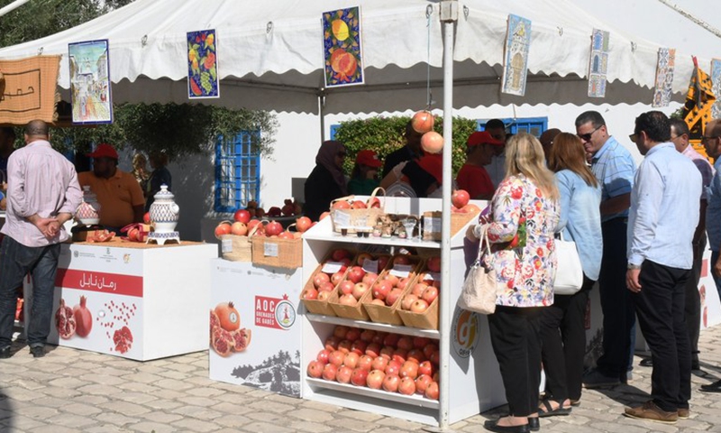 People look at pomegranates during a pomegranate week event showcasing harvested pomegranates and food made from pomegranates in Sidi Bou Said, north of Tunis, Tunisia on Nov. 1, 2022.(Photo: Xinhua)