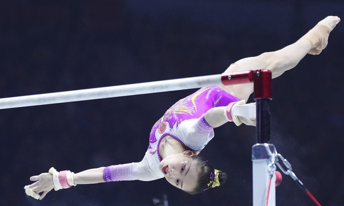 Wei Xiaoyuan of China performs during women's uneven bars final of 51st FIG Artistic Gymnastics World Championships in Liverpool, the UK on November 5, 2022. Photo: VCG