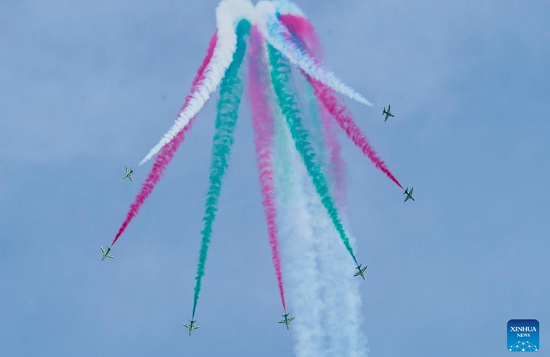 Airplanes from the Saudi Hawks aerobatic display team perform in Doha, Qatar, Nov. 5, 2022. (Photo by Nikku/Xinhua)