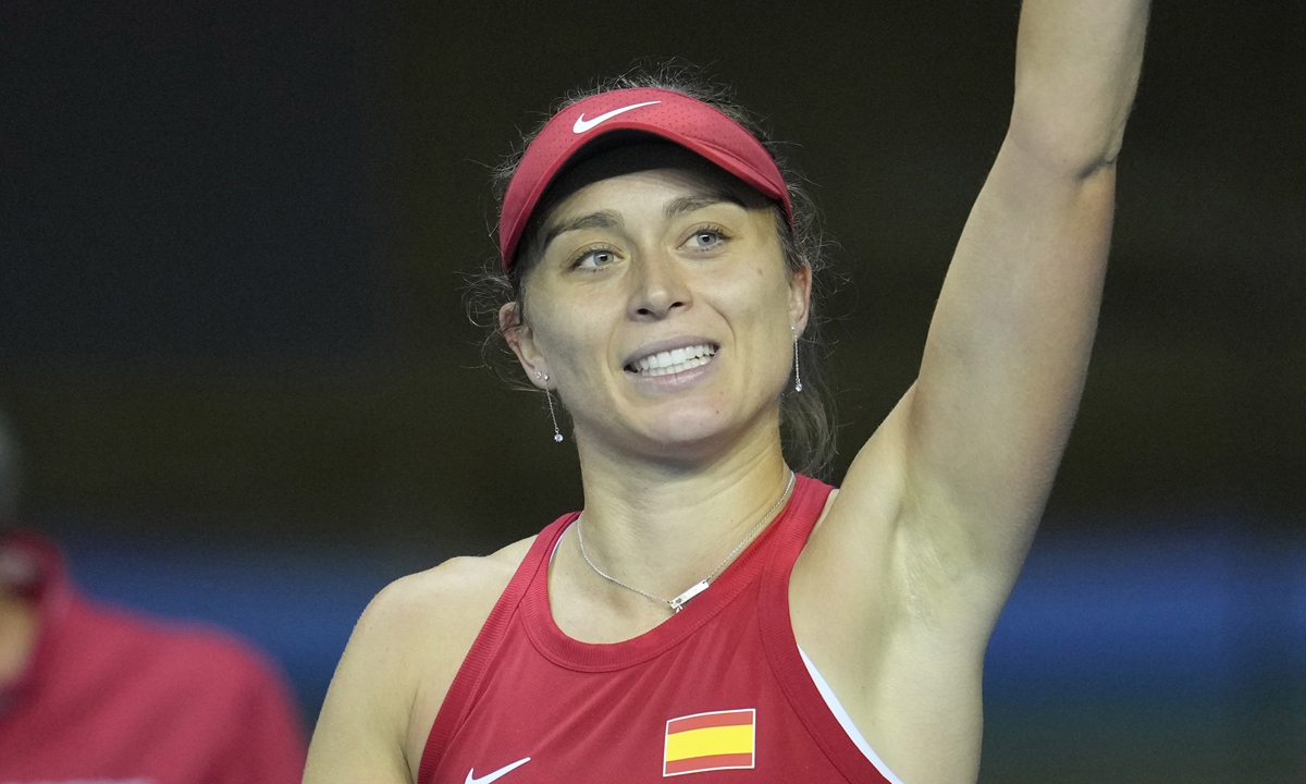 Paula Badosa of Spain celebrates after winning a match against Elena Rybakina of Kazakhstan on the second day of the Billie Jean King Cup finals in Glasgow, the UK on November 9, 2022. Photo: VCG