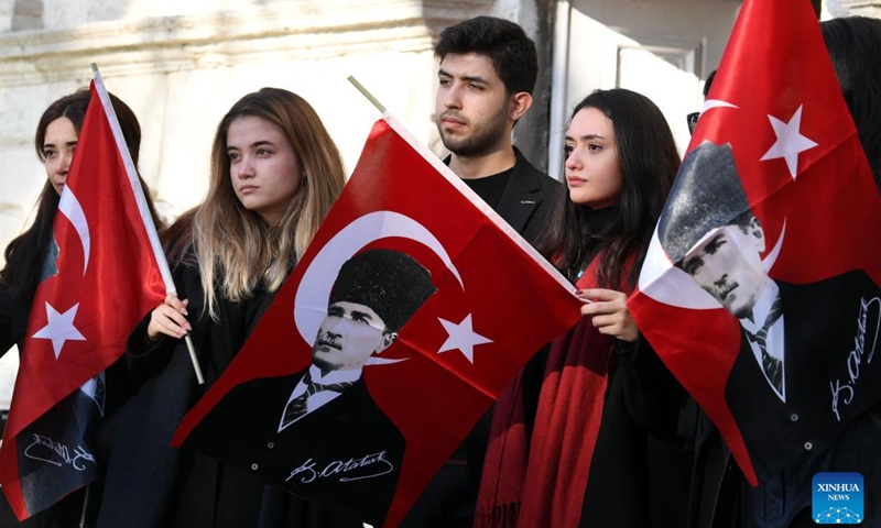 People gather to commemorate the 84th death anniversary of Mustafa Kemal Ataturk in Istanbul, Türkiye, Nov. 10, 2022. Türkiye mourned on Thursday the 84th death anniversary of Mustafa Kemal Ataturk, founder of the Republic of Türkiye.(Photo: Xinhua)