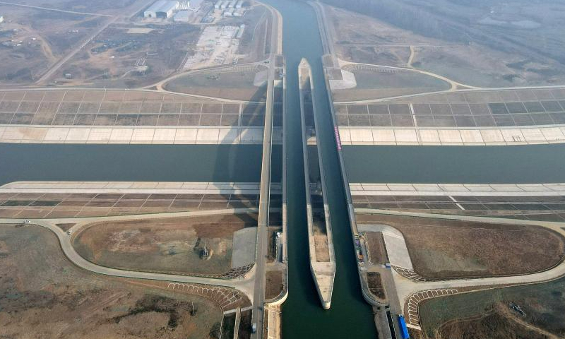 This aerial photo taken on Dec. 30, 2022 shows an aqueduct of the Pihe River over a mega water project to divert water from the Yangtze River to the Huaihe River, in east China's Anhui Province. Photo: Xinhua