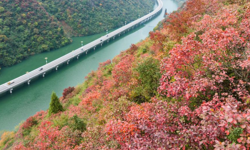 This aerial panoramic photo taken on Nov. 27, 2022 shows a road over water in Xingshan County of Yichang, central China's Hubei Province. (Photo by Zheng Jiayu/Xinhua)