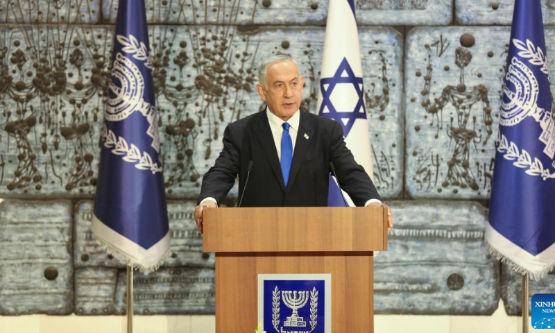 Former Israeli Prime Minister and leader of the Likud party Benjamin Netanyahu speaks before receiving the mandate from Israeli President Isaac Herzog to form a new government at the President's Residence in Jerusalem, on Nov. 13, 2022. Israeli President Isaac Herzog on Sunday tasked former Prime Minister Benjamin Netanyahu with forming a new government, after the victory of the veteran politician and his alliance of far-right parties in parliamentary elections. Photo: Xinhua