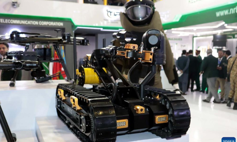 A bomb disposal robot is displayed at the International Defense Exhibition and Seminar (IDEAS) in Karachi, Pakistan on Nov. 16, 2022. The 11th edition of IDEAS is held at the Karachi Expo Center in Pakistan's southern port city of Karachi. Photo: Xinhua