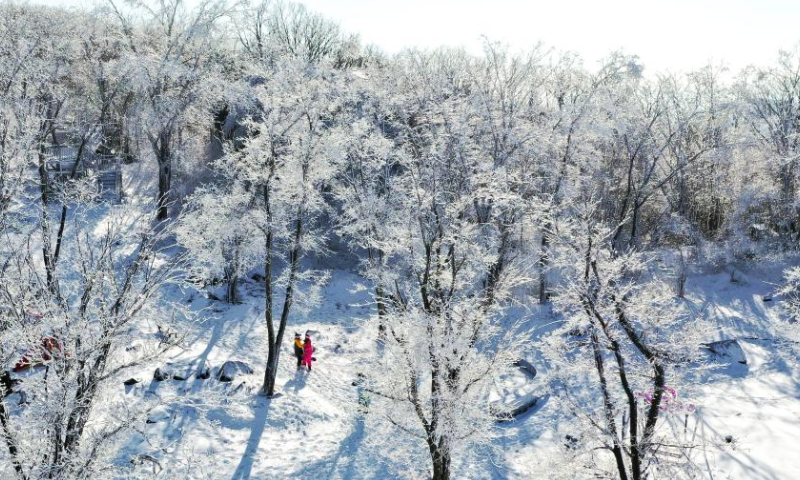 This aerial photo taken on Nov. 15, 2022 shows tourists enjoying winter rime at the Lake Songhua Resort in Jilin City, northeast China's Jilin Province. Jilin Province is taking advantage of its ice-snow resources in winter as it seeks new growth drivers for rural development. (Xinhua/Xu Chang)