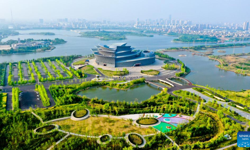 This aerial photo taken on May 12, 2021 shows scenery at the Qingfeng Lake in Dongying, east China's Shandong Province. Dongying was certified as an international wetland city in 2018. Photo: Xinhua