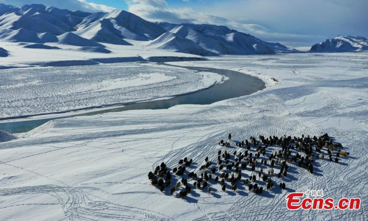 Snow-covered mountains embrace the bright, blue sky above the Bayanbulak grassland, Hejing County, Northwest China's Xinjiang Uyghur Autonomous Region. Photo:China News Service