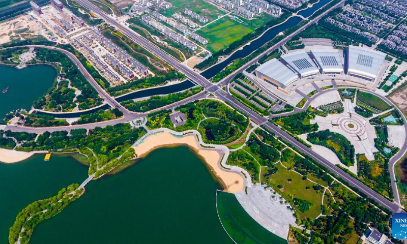 This aerial photo taken on June 24, 2018 shows scenery at the Minfeng Lake park in Dongying, east China's Shandong Province. Dongying was certified as an international wetland city in 2018. Photo: Xinhua