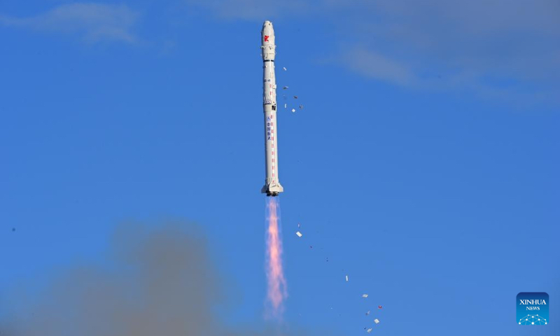 A Long March-4C rocket carrying satellites Shiyan-20A and Shiyan-20B is launched from the Jiuquan Satellite Launch Center in northwest China, Dec. 12, 2022. The rocket blasted off at 4:22 p.m. (Beijing Time) on Monday and sent the satellites into the preset orbit. (Photo by Wang Jiangbo/Xinhua)