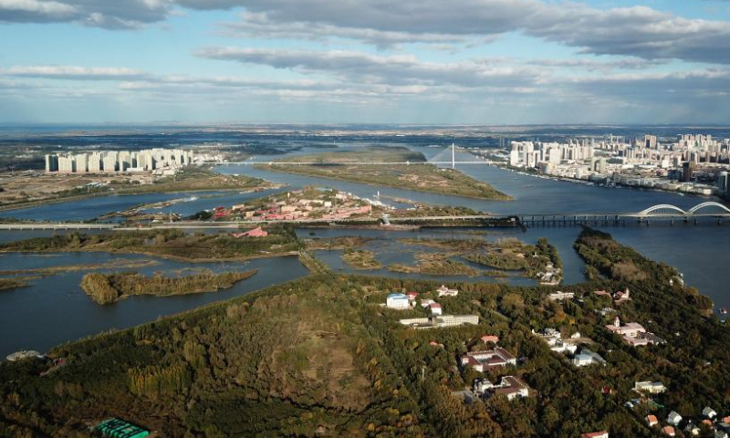 This aerial photo taken on Oct. 4, 2022 shows a view of the Sun Island scenic area in Harbin, northeast China's Heilongjiang Province. Photo: Xinhua