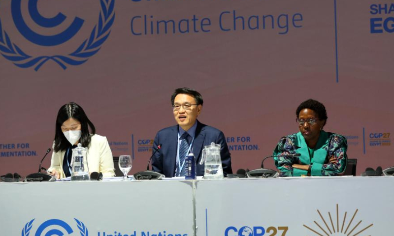 Zhao Yingmin (C), representative of the presidency of the 15th meeting of the Conference of the Parties (COP15) to the UN Convention on Biological Diversity and vice minister of China's Ministry of Ecology and Environment, addresses an event on the UN Biodiversity Day at the ongoing UN climate change conference, or the 27th session of the Conference of the Parties (COP27) to the UN Framework Convention on Climate Change, in Sharm El-Sheikh, Egypt, Nov. 16, 2022. Photo: Xinhua