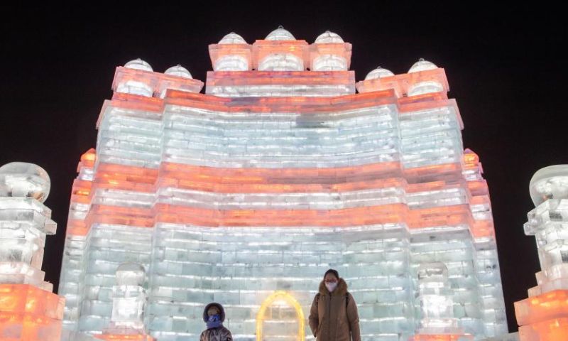 People visit the Harbin Ice-Snow World, a renowned seasonal theme park, in Harbin, northeast China's Heilongjiang Province, Dec. 17, 2022. The theme park underwent a test run on Saturday in Harbin. (Xinhua/Zhang Tao)