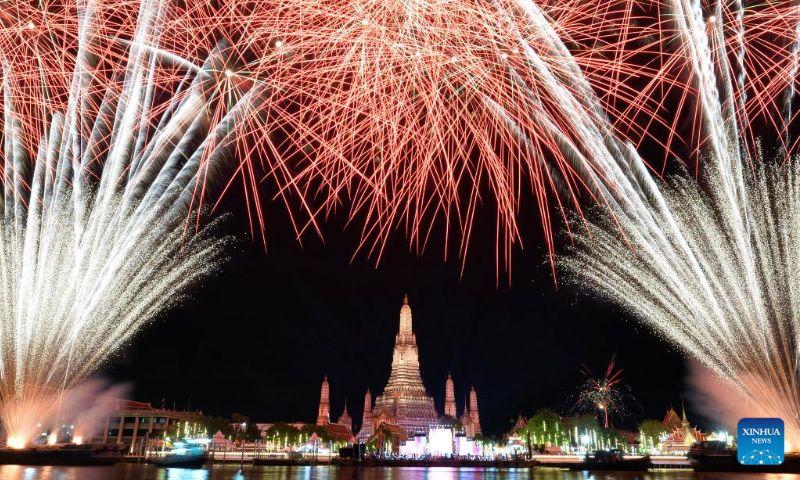 A fireworks display is seen to celebrate the New Year in Bangkok, Thailand, Jan. 1, 2023. (Xinhua/Rachen Sageamsak)