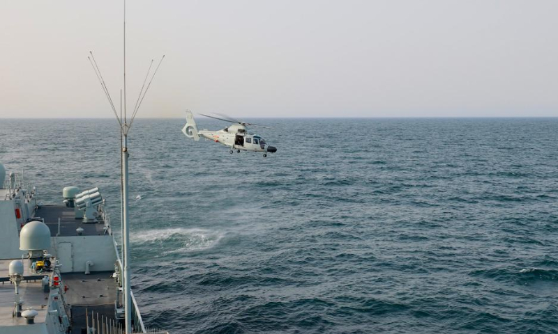 A helicopter takes off during a drill of the 41st fleet of the Chinese People's Liberation Army Navy on July. 16, 2022. A Chinese navy fleet returned to the port city of Zhoushan in east China's Zhejiang Province on Tuesday after completing its mission of escorting civilian vessels in the Gulf of Aden and in the waters off Somalia. Photo: Xinhua