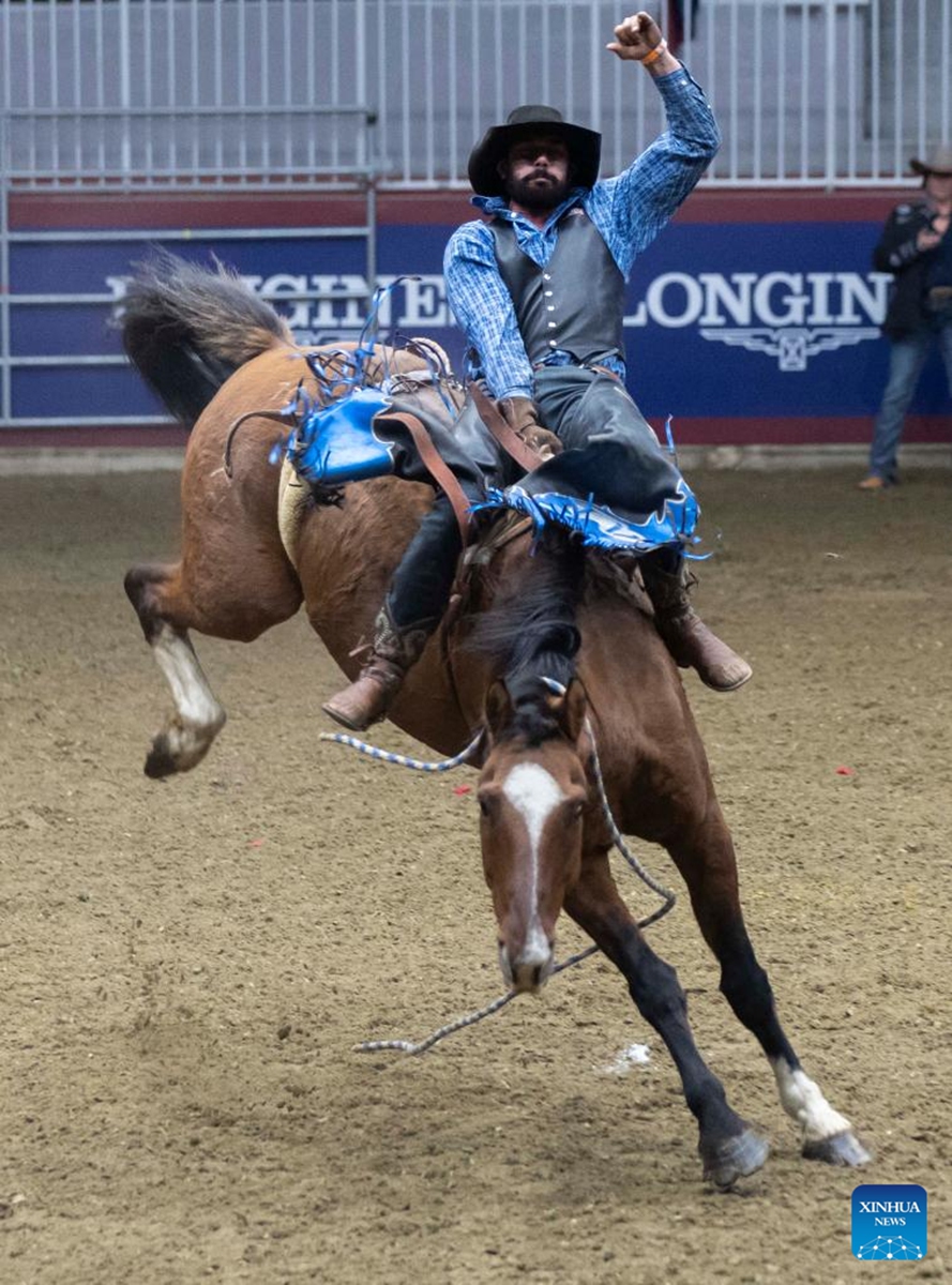 Cowboy Trevor Van Alstine competes during the Bareback Broncos competition of the Rodeo section at the 2022 Royal Horse Show in Toronto, Canada, Nov. 13, 2022. More than twenty cowboys from across Canada took part in this annual traditional competition on Sunday. (Photo by Zou Zheng/Xinhua)