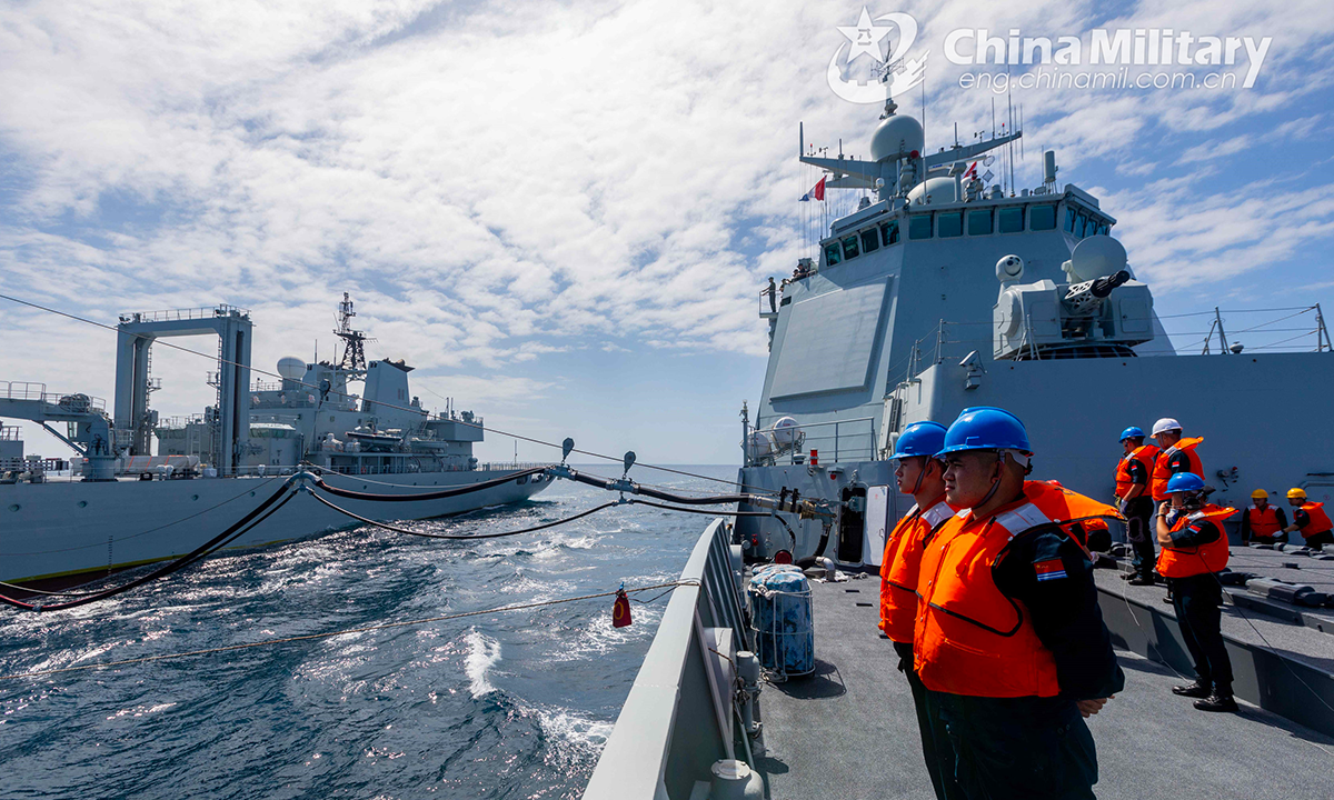 Sailors assigned to the 42nd naval escort taskforce of the Chinese People's Liberation Army (PLA) conduct refueling operation during a replenishment-at-sea operation in the waters of the Gulf of Aden on October 10, 2022. (eng.chinamil.com.cn/Photo by Wang Qing) 