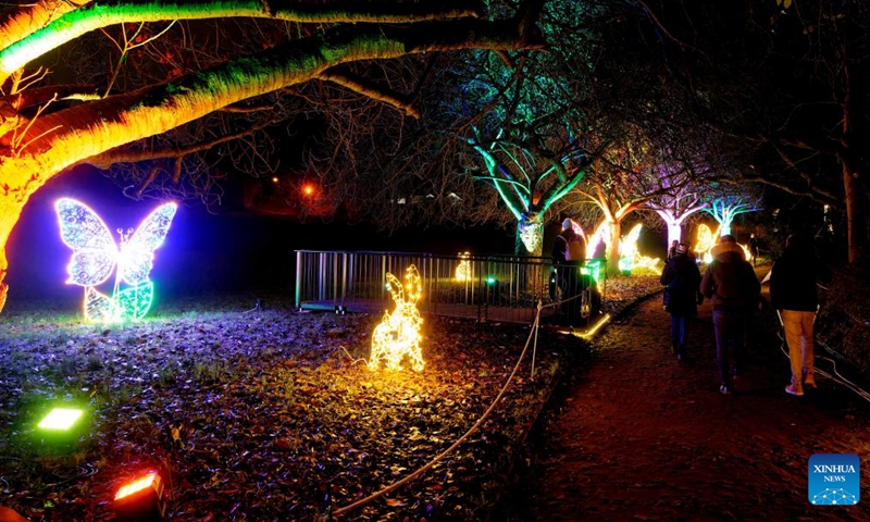 Visitors walk past light decorations during the Christmas Garden Berlin light show at the Botanical Garden in Berlin, Germany, Nov. 16, 2022. The Christmas Garden Berlin kicked off on Wednesday here and will last until Jan. 15, 2023. (Photo by Stefan Zeitz/Xinhua)