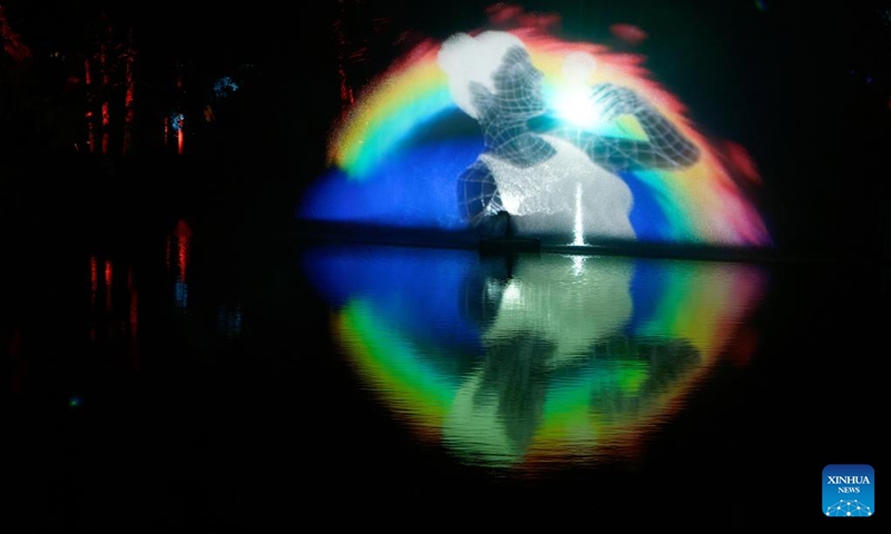 This photo taken on Nov. 16, 2022 shows a light decoration at the Christmas Garden Berlin light show held at the Botanical Garden in Berlin, Germany. The Christmas Garden Berlin kicked off on Wednesday here and will last until Jan. 15, 2023. (Photo by Stefan Zeitz/Xinhua)