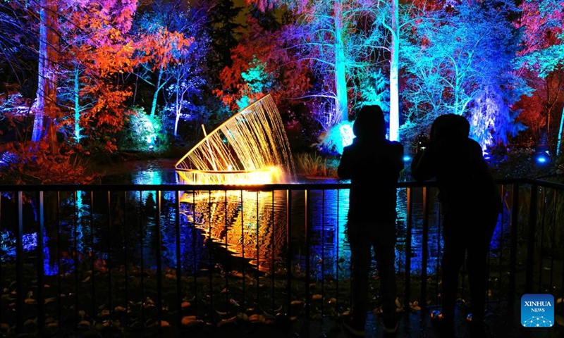 Visitors look at light decorations during the Christmas Garden Berlin light show at the Botanical Garden in Berlin, Germany, Nov. 16, 2022. The Christmas Garden Berlin kicked off on Wednesday here and will last until Jan. 15, 2023. (Photo by Stefan Zeitz/Xinhua)