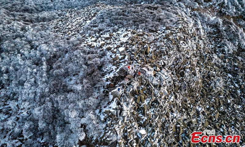 Winter sunrise shines on the mountain peak in Zhuque National Forest Park in Xi'an, northwest China's Shaanxi Province, Nov. 22, 2022, turning it into a white fairyland. (Photo: China News Service/Cheng Wenying)