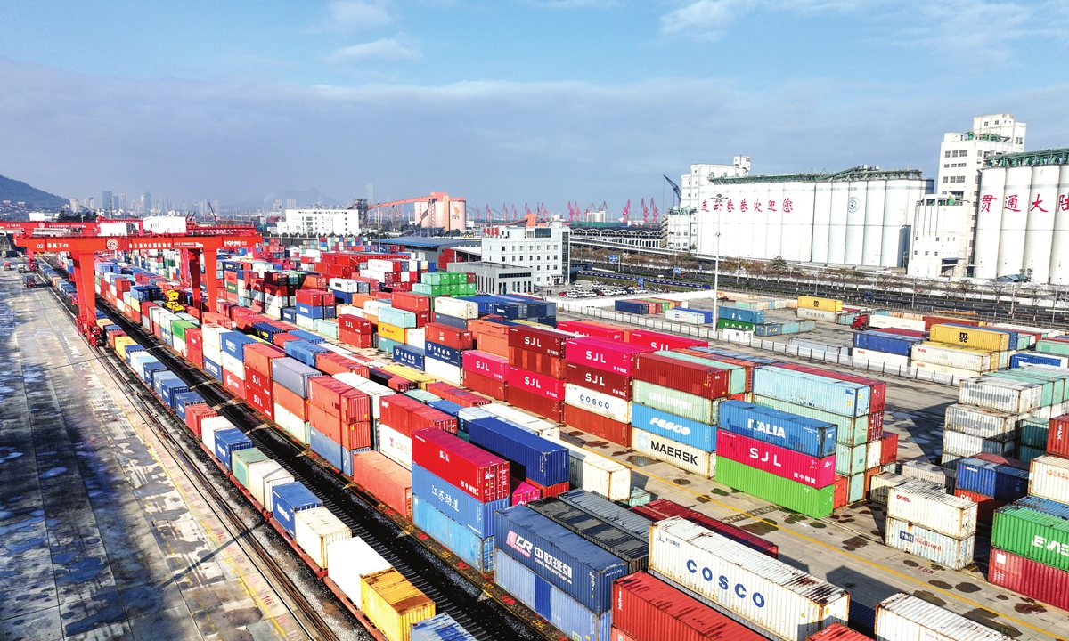 Containers are stacked as they wait for transshipment at the China-Kazakhstan International Logistics Base at the bustling Chinese port of Lianyungang, East China's Jiangsu Province, on November 23, 2022. Photo: IC