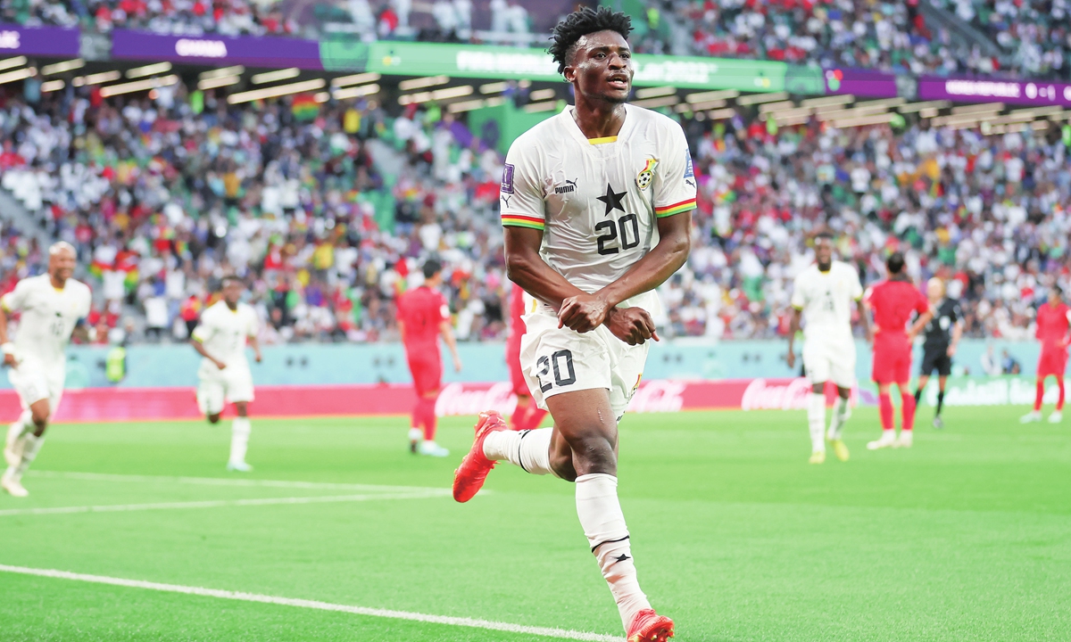 Mohammed Kudus of Ghana celebrates scoring against South Korea in Al Rayyan, Qatar on November 28, 2022. Photo: VCG