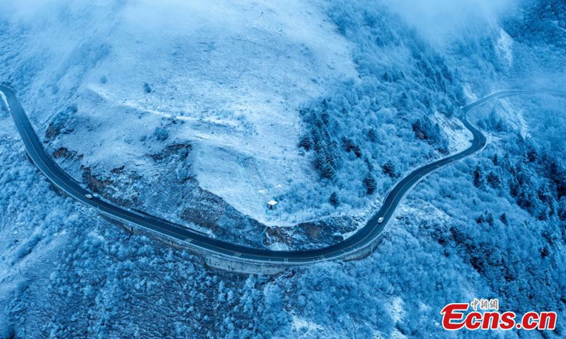 Trees are covered with white rime, creating a spectacular scenery in Wolong Nature Reserve in Wenchuan County, southwest China's Sichuan Province, Nov. 28, 2022. (Photo provided to China News Service)


