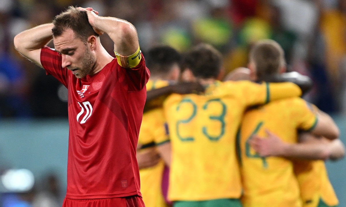 Denmark midfielder Christian Eriksen reacts after their loss to Australia in Al Wakrah, Doha on November 30, 2022. Photo: AFP
