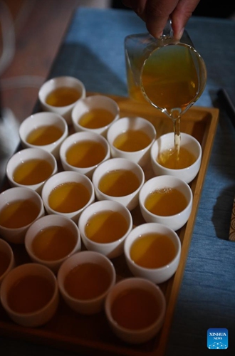 Lin Ruiyang, an inheritor of Zisun tea making techniques, pours tea liquid into teacups in Changxing County, east China's Zhejiang Province, Nov. 30, 2022. Zisun tea, produced in the county, has a history of more than 1,000 years. It was designated as the tribute tea in the Tang Dynasty (618-907).(Photo: Xinhua)