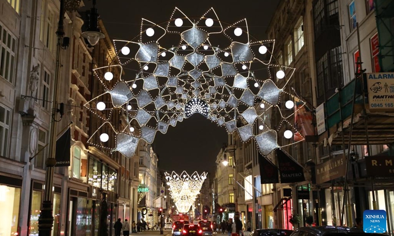 Christmas lights are seen in central London, Britain, on Nov. 29, 2022.(Photo: Xinhua)