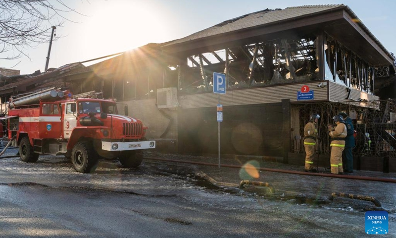 Firefighters are seen outside the burnt down Zuma restaurant in Vladivostok, Russia, on Dec. 7, 2022. The renowned Zuma restaurant was burnt down in a fire on Wednesday.(Photo: Xinhua)