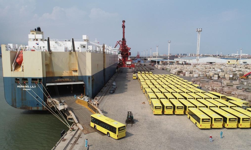 This aerial photo taken in July 2020 shows school buses produced by Xiamen King Long United Automotive Industry Co., Ltd. for export at a port in Xiamen, southeast China's Fujian Province. (Photo: Xinhua)