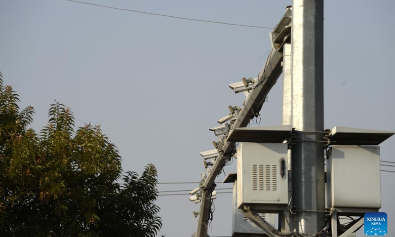 This photo taken on Dec. 19, 2022 shows surveillance cameras on a highway in Islamabad, Pakistan. Nearly 200 high-tech surveillance cameras have been installed at the entry and exit points of Pakistan's Islamabad to further beef up the security and make surveillance more potent, an official said on Monday.(Photo: Xinhua)