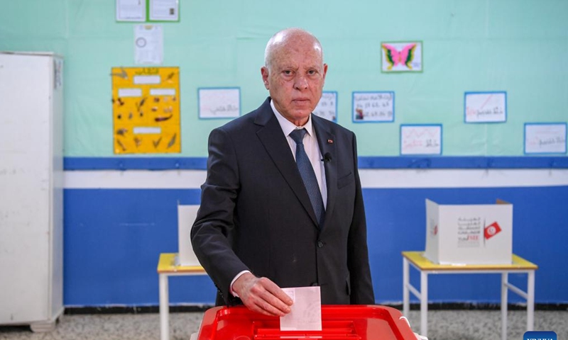 Tunisian President Kais Saied casts vote at a polling station in Tunis, Tunisia on Dec. 17, 2022. Tunisians on Saturday started voting in legislative elections, with a total of 4,551 voting centers and 11,310 polling stations open in the Tunisian territory, the Independent High Authority for Elections (ISIE) said. (Tunisian Presidency/Handout via Xinhua)