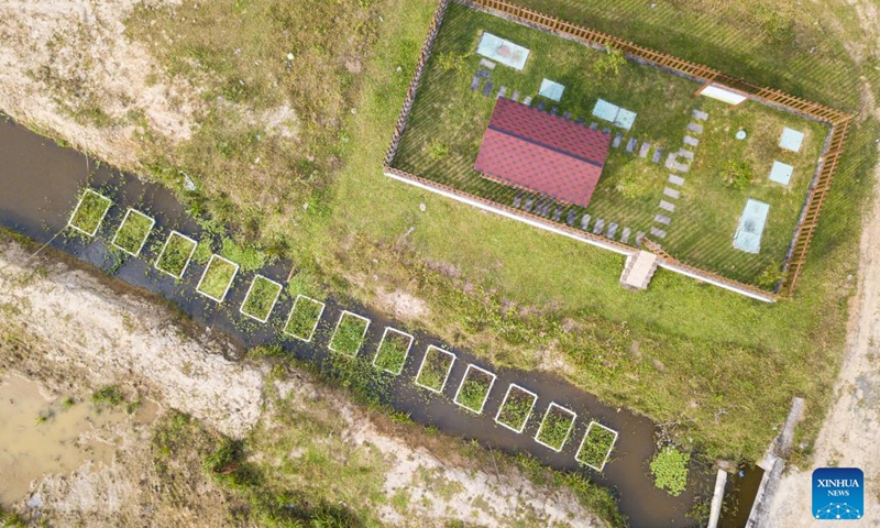 This aerial photo taken on Dec. 25, 2022 shows artificial floating islands installed on a tributary of the Wenjiao River in Wenchang, south China's Hainan Province. Since this autumn, Wenchang has installed more than 2,700 artificial floating islands with aquatic plants atop on the tributaries of local rivers to help purify the water. (Xinhua/Pu Xiaoxu)